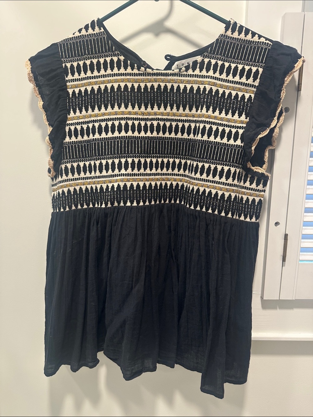 THML Black & Cream Embroidered Flutter Sleeve Tunic